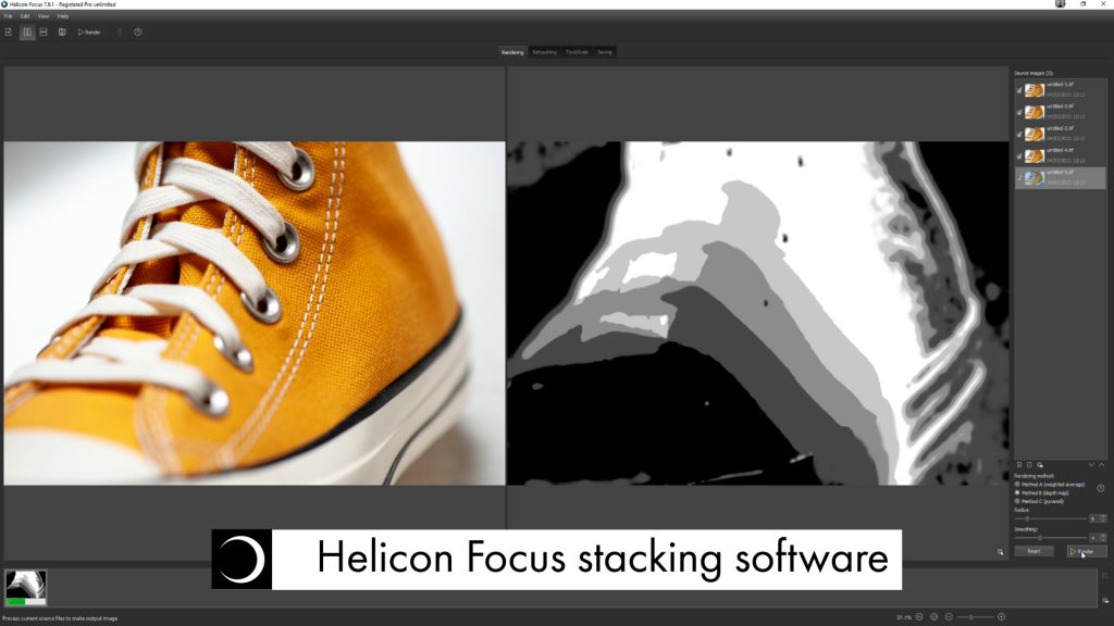 a screenshot of Helicon Focus image stacking software at work, taking multiple images with shifted focus points on the product and stacking them into one final image